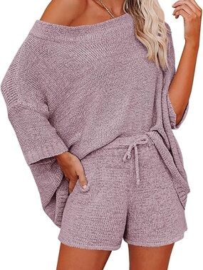 Ermonn Cozy Off the Shoulder Knit Two-Piece Lounge Set -Violet